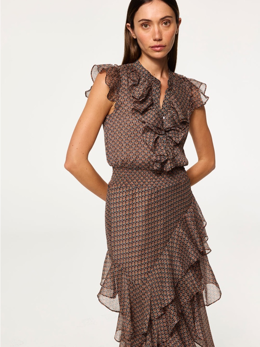 MISA ILYSA DRESS brown ditsy floral print chiffon. Ruffle-detailed NEW XS - Picture 4 of 6